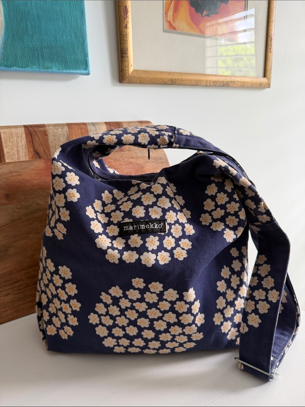 Marimekko Blue and Cream Puketti Shoulder Hobo Canvas Bag
